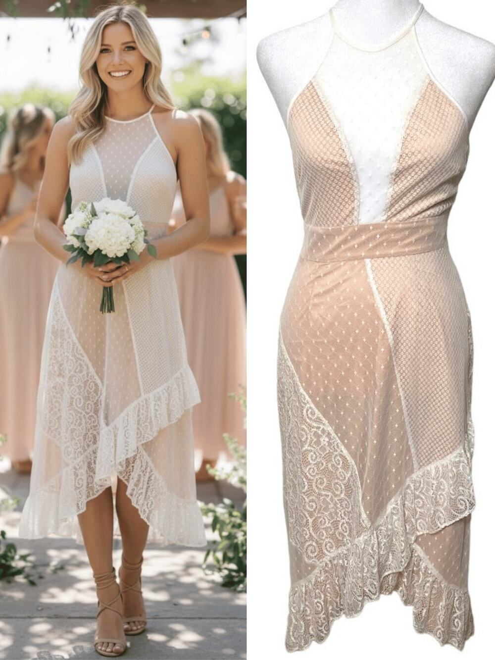 LIKELY White Nude Lace Midi Dress Bridal Wedding
